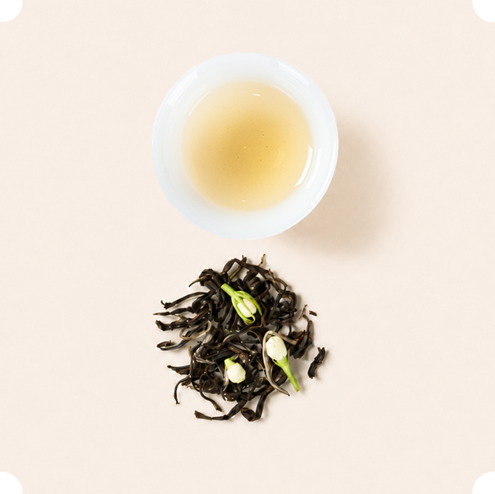 Nine-Scented Jasmine Tea tea liquor and dry leaves